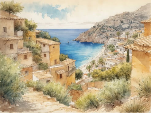Eine malerische Ansicht eines Küstenorts auf Mallorca. Im Vordergrund sind hell gestrichene Häuser zwischen grünen Büschen und Bäumen zu sehen. Die Häuser sind terrassenförmig angelegt und wirken rustikal. Weiter hinten erstreckt sich der Blick auf das glitzernde, türkisfarbene Wasser des Meeres, während ein Boot sanft auf den Wellen schwankt. Im Hintergrund sind sanfte Hügel und die charakteristische Felsenküste zu erkennen. Der Himmel ist teilweise bewölkt, was auf wechselhaftes Wetter im Mai hinweist, typischerweise angenehm warm mit der Möglichkeit von leichten Regenschauern.