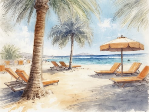 Eine malerische Strandlandschaft mit Palmen und Liegestühlen. Im Vordergrund stehen mehrere orangefarbene Liegestühle auf hellem Sand. Eine sonnige Strandszene zeigt einen blauen Himmel mit wenigen Wolken und einem Sonnenschirm in der Mitte. Im Hintergrund erstreckt sich das glitzernde Wasser des Meeres, während einige Besucher in der Ferne sichtbar sind. Diese Idylle spiegelt die warmen Temperaturen im Juni auf Mallorca wider, die oft über 30 Grad Celsius liegen.