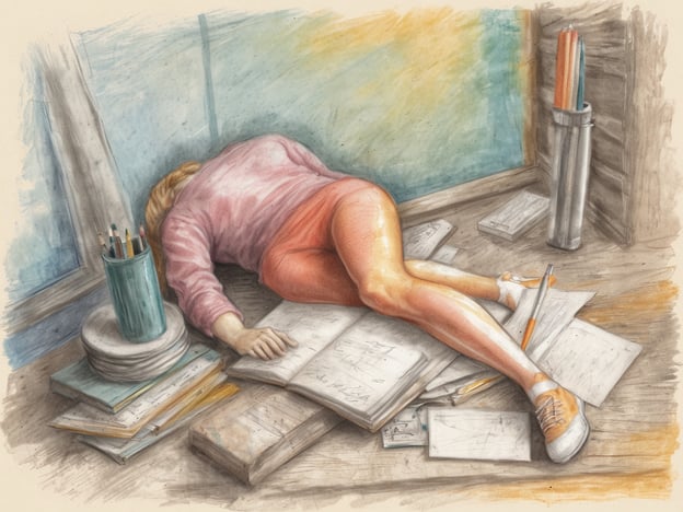 Auf dem Bild ist eine Person zu sehen, die erschöpft auf dem Boden liegt, umgeben von Lernmaterialien und Schreibutensilien. Diese Darstellung kann die Auswirkungen von Dauerstress verdeutlichen.Menschen, die unter anhaltendem Stress leiden, zeigen häufig Symptome wie extreme Erschöpfung, Konzentrationsschwierigkeiten und emotionalen Burnout. Die Person könnte sich überfordert fühlen und Schwierigkeiten haben, sich zu motivieren. Langfristiger Stress kann auch zu physischen Beschwerden führen, wie Kopfschmerzen und Schlafproblemen. Die chaotische Umgebung deutet darauf hin, dass die betroffene Person möglicherweise nicht in der Lage ist, ihre Aufgaben zu bewältigen, was die Stresssituation zusätzlich verstärkt.