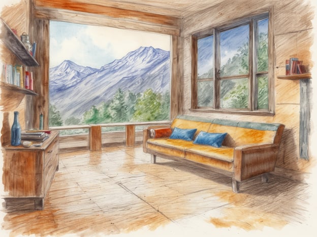 Auf dem Bild ist ein helles, gemütliches Wohnzimmer zu sehen. Es gibt ein großes Fenster, das einen atemberaubenden Blick auf die Berge und die Natur bietet. Der Raum ist mit einem schlichten, aber komfortablen Sofa ausgestattet, das mit blauen Kissen dekoriert ist. An der Wand sind Regale mit Büchern und dekorativen Gegenständen zu sehen. Der Fußboden ist aus Holz, was dem Raum eine warme Atmosphäre verleiht.Während ich darüber nachdenke, fühle ich eine gewisse Ruhe und Gelassenheit, die dieser Raum auszustrahlen scheint. Dieser Ort könnte ideal für Entspannung und Selbstreflexion sein. Der Blick auf die Natur erinnert daran, wie wichtig es ist, sich Zeit für sich selbst zu nehmen und die Schönheit der Umgebung zu genießen. Solche Räume in der eigenen Vorstellung zu haben, kann helfen, ein Gefühl der Zufriedenheit und des inneren Friedens zu fördern.