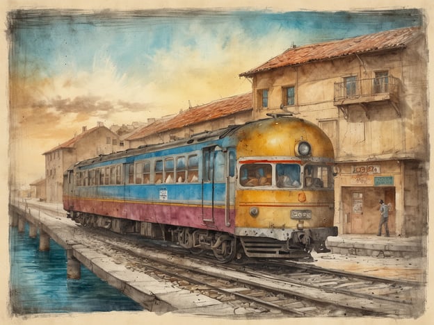 Auf dem Bild sieht man einen farbenfrohen Zug, der an einem malerischen Bahnhof hält. Die sanften Wasserfarben vermitteln eine nostalgische Atmosphäre und wecken Erinnerungen an eine Zeit, als Reisen mit der Bahn noch ein echtes Abenteuer war. Der Zug selbst strahlt eine gewisse Eleganz und Gemütlichkeit aus, während die alte Architektur der Gebäude im Hintergrund Geschichten aus vergangenen Tagen erzählt.Die Kulisse ist mit einem warmen, goldenen Licht durchflutet, das den Himmel erhellt und die Szene lebendig macht. Man könnte sich vorstellen, wie die Menschen am Bahnsteig auf ihre Reise warten, in angeregte Gespräche vertieft oder die Schönheit der Umgebung bewundernd. Vielleicht träumt jemand von einem fernen Ziel, während die Wellen des Wassers leicht gegen die Pfeiler des Bahnsteigs plätschern.Die Kombination aus Zug, Wasser und Architektur schafft eine harmonische Szenerie, die dazu einlädt, innezuhalten und die kleinen Momente des Lebens zu genießen. Es ist ein Bild voller Inspiration, das die Sehnsucht nach Reisen und Entdeckungen weckt.