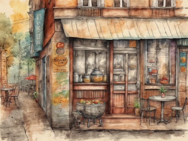 Auf dem Bild ist ein charmantes Café oder Restaurant zu sehen, das eine einladende Atmosphäre ausstrahlt. Die Fassade ist liebevoll gestaltet, mit großen Fenstern, die einen Blick auf köstliche Speisen und Getränke ermöglichen. Vor dem Lokal stehen Tische und Stühle, die zum Verweilen einladen.
Das Café könnte lokale Spezialitäten anbieten, die typischerweise in der Region beliebt sind. Möglicherweise gibt es frische, saisonale Zutaten, die in bunten Körben präsentiert werden, sowie eine Auswahl an hausgemachten Desserts. Die belebte Straßenszene mit einem schattigen Plätzchen unter einem Sonnenschirm lässt erahnen, dass hier oft fröhliche Gespräche und gesellige Momente stattfinden.
