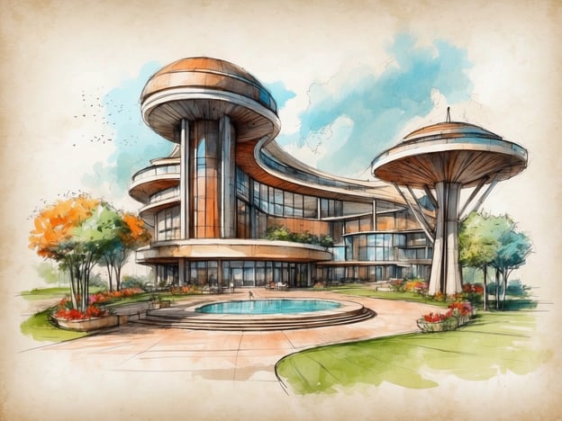 Auf dem Bild ist eine künstlerische Darstellung eines modernen Gebäudes zu sehen, das stilisierte äußere Elemente und eine interessante Architektur aufweist.Die Geschichte von Legoland Deutschland begann 2002, als der erste Park seiner Art in Deutschland eröffnet wurde, um Familien und Kinder anzusprechen. Das Legoland bietet eine Vielzahl von Attraktionen und Erlebnissen, die auf den beliebten LEGO-Spielzeugen basieren, und ist bekannt für seine detailreichen Modelllandschaften, aufregenden Fahrgeschäfte und interaktiven Erlebnisse. Das Gebäude auf dem Bild könnte als eine Art neues Besucherzentrum oder ein neues Erlebnisangebot in einem Freizeitpark interpretiert werden, was gut zur Innovations- und Wachstumsphilosophie von Legoland passt.