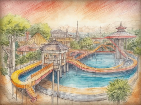 Eine bunte Wasserlandschaft mit verschiedenen Wasserrutschen und einem großen Pool ist zu sehen. Umgeben von grünen Bäumen und einem malerischen Hintergrund mit Bergen und Gebäuden im romantischen Stil. Die Rutschen sind in Gelb und Orange gehalten und führen in das klare Wasser des Pools. Darüber hinaus sind mehrere Pavillons und Türme sichtbar, die dem gesamten Szenario ein einladendes und unterhaltsames Ambiente verleihen. Dies könnte ein idealer Ort für einen aufregenden Urlaub sein.