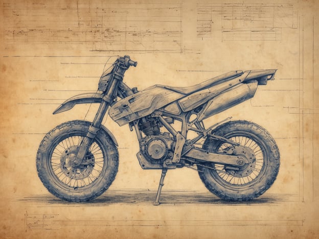 Auf dem Bild ist eine technische Zeichnung eines Motorrads zu sehen, die skizzenhaft auf einem leicht vergilbten Papier dargestellt ist. Das Motorrad ist im Detail ausgearbeitet, einschließlich der Räder, des Rahmens und anderer Komponenten. Im Hintergrund sind zusätzliche technische Informationen oder Maßskizzen angedeutet.### Praktische Tipps für die Vorbereitung:1. **Materialien sammeln**: Halte alle notwendigen Werkzeuge und Materialien bereit, die du für dein Motorradprojekt benötigst, wie z.B. Zeichnungsutensilien, Papier und Referenzbilder.2. **Skizzen anfertigen**: Beginne mit groben Skizzen, um deine Ideen festzuhalten. Achte darauf, verschiedene Ansichten zu berücksichtigen (Seitenansicht, Draufsicht).3. **Maßstab festlegen**: Bestimme einen Maßstab für deine Zeichnungen, um sicherzustellen, dass alle Proportionen korrekt sind.4. **Details einarbeiten**: Füge nach und nach detaillierte Elemente hinzu, wie z.B. Schrauben, Nieten oder spezielle Komponenten.5. **Feedback einholen**: Zeige deine Entwürfe Freunden oder Fachleuten, um konstruktives Feedback zu erhalten und mögliche Verbesserungen zu besprechen.6. **Digitalisieren**: Überlege, deine Zeichnungen digital zu scannen oder nachzubearbeiten, um sie in einem professionellen Format zu präsentieren.Diese Tipps helfen dir, gut vorbereitet in dein Projekt zu starten und deine kreativen Ideen erfolgreich umzusetzen.