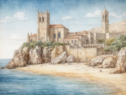 Auf dem Bild ist eine beeindruckende Küstenlandschaft mit einer historischen Kirche oder Kathedrale zu sehen, die majestätisch auf einer Klippe thront. Die Struktur hat gotische Elemente und erhebt sich über einen goldenen Sandstrand, wo einige Personen entspannen und die Aussicht genießen. Im Vordergrund erstreckt sich das klare blaue Wasser des Meeres, während im Hintergrund sanfte Hügel am Horizont sichtbar sind. Diese Szenerie erinnert an die beeindruckenden Küstenlinien und historischen Bauwerke von Mallorca, wie zum Beispiel die Kathedrale von Palma oder die Klosteranlage von Lluc.