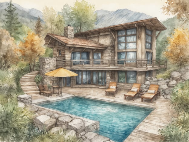 Auf dem Bild ist ein malerisches Ferienhaus in einer natürlichen Umgebung zu sehen, umgeben von Bäumen und Bergen. Vor dem Haus gibt es einen schönen Pool und Liegestühle, die zum Entspannen einladen.Zur Regeneration im Alltag könnten folgende Möglichkeiten in Betracht gezogen werden:1. **Natur erleben**: Zeit im Freien verbringen, wie im Bild dargestellt, kann Stress abbauen und das Wohlbefinden steigern. Spaziergänge oder Wanderungen in der Natur sind dabei besonders hilfreich.2. **Entspannung am Wasser**: Ein Pool oder ein nahegelegener See bietet Möglichkeiten zur Erfrischung und Entspannung. Das Sitzen am Wasser und das Genießen des Ausblicks fördern die innere Ruhe.3. **Meditation und Achtsamkeit**: Aktivitäten wie Meditation im Freien oder einfaches Atmen in der Natur helfen, im Moment zu sein und den Geist zu beruhigen.4. **Soziale Interaktion**: Zeit mit Freunden und Familie in einer solchen Umgebung zu verbringen, kann den Stress reduzieren und die emotionale Gesundheit stärken.5. **Kreativität fördern**: Die Schönheit der Natur kann Inspiration für kreatives Schaffen bieten, sei es Malen, Schreiben oder Fotografieren.Diese Aktivitäten tragen dazu bei, das persönliche Wohlbefinden zu steigern und die Regeneration im Alltag zu fördern.