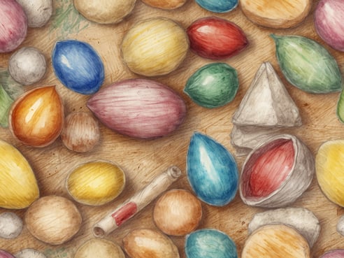 Bunte, kunstvoll gestaltete Ostereier in verschiedenen Formen und Größen sind auf einem hellen Holzuntergrund arrangiert. Die Eier in Farben wie Blau, Rot, Gelb, Grün und Lila sind dicht beieinander verteilt, ergänzt durch einige kleinere, runde Formen und eine graue dreieckige Figur. Die Komposition strahlt eine fröhliche und festliche Atmosphäre aus, die zur Entdeckung einlädt.