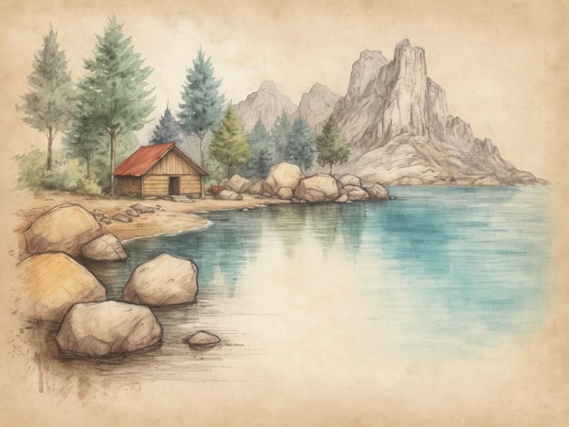Auf dem Bild ist eine ruhige, natürliche Landschaft zu sehen, die eine Hütte am Ufer eines klaren Wassers zeigt, umgeben von Bäumen und Bergen im Hintergrund. Diese Szenerie vermittelt eine Atmosphäre der Ruhe und Gelassenheit.In Bezug auf Achtsamkeit und Selbstfürsorge lädt diese Umgebung dazu ein, innezuhalten und die Schönheit der Natur zu genießen. Achtsamkeit bedeutet, im gegenwärtigen Moment voll und ganz präsent zu sein, was in solch einer friedlichen Landschaft gut möglich ist. Die sanften Farben und die harmonische Umgebung fördern ein Gefühl der Entspannung und des Wohlbefindens.Selbstfürsorge beinhaltet, sich regelmäßig Zeit für sich selbst zu nehmen, um Stress abzubauen und die eigene Gesundheit zu fördern. Ein Ort wie dieser könnte daher als Rückzugsort dienen, um neue Energie zu tanken und sich auf die eigenen Bedürfnisse zu besinnen.