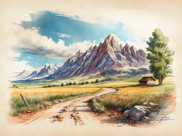 Auf dem Bild ist eine malerische Landschaft zu sehen, die eine sanfte Landstraße zeigt, die durch eine weite, grüne Wiese führt. Im Hintergrund erheben sich majestätische Berge unter einem blauen Himmel mit einigen Wolken. Zu sehen sind auch ein einzelnes, kleines Holzhaus und ein Baum, die der Szenerie eine ruhige, ländliche Atmosphäre verleihen.In Anlehnung an „Die Geschichte von Hohwacht“ könnte man sagen, dass diese Landschaft die unberührte Natur darstellt, die in der Geschichte oft als Rückzugsort und Inspiration für die Protagonisten dient. Die Schönheit der Umgebung spiegelt die Reise und die Herausforderungen wider, die gemeistert werden müssen, ähnlich wie die Hauptfiguren in ihrer eigenen Suche nach Frieden und Verständnis.