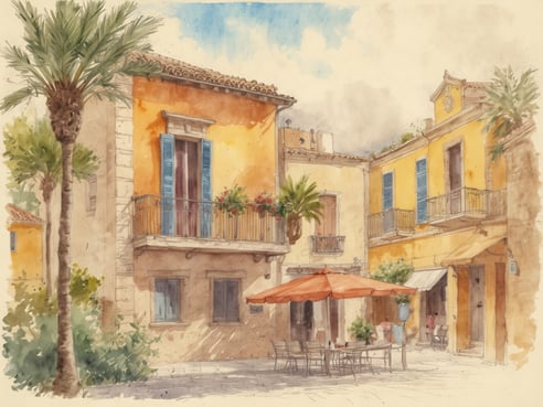 Ein malerischer Platz in einem kleinen Dorf auf Mallorca mit bunten Häusern in Gelb und Ockergelb. Im Vordergrund steht ein Tisch mit Stühlen unter einem großen Sonnenschirm, der Schatten spendet. Palmen und grüne Pflanzen umgeben die Gebäude und verleihen dem Ort eine entspannte Atmosphäre. Die Fenster sind mit blauen Shutters ausgestattet, und blühende Pflanzen schmücken die Balkone. Dieser idyllische Ort eignet sich hervorragend für einen Familienurlaub und bietet viel Platz für Kinder zum Spielen und Entdecken.