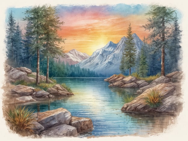 Auf dem Bild ist eine malerische Landschaft zu sehen, die eine ruhige Gewässerfläche zeigt, umgeben von hohen Bergen und dichten Wäldern. Die Szene vermittelt eine friedliche und natürliche Atmosphäre, vor allem durch die sanften Farben des Himmels, der in warmen Tönen leuchtet, während die Sonne aufgeht oder untergeht.
Zusammenfassend lässt sich sagen, dass das Bild eine harmonische Idylle in der Natur darstellt, die zum Entspannen und Träumen einlädt. Es vermittelt die Schönheit der unberührten Landschaft und lädt den Betrachter ein, sich in der Ruhe der Natur zu verlieren.