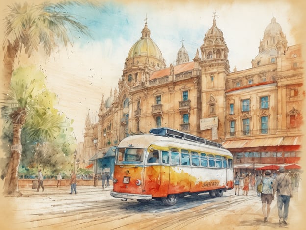 Auf dem Bild ist eine malerische Straßenszene mit einem alten Straßenbahnwagen zu sehen, der in lebhaften Farben gestaltet ist. Der Hintergrund zeigt beeindruckende historische Gebäude mit architektonischen Details, darunter große Kuppeln und Balkone. Palmbaumblätter sind im Vordergrund sichtbar, und es sind mehrere Menschen auf der Straße zu erkennen, die spazieren gehen. Die gesamte Szene vermittelt eine angenehme, sonnige Atmosphäre.Fazit: Das Bild strahlt eine nostalgische und lebendige Stimmung aus, die den Charme einer historischen Stadt mit einem Hauch von Freizeit im Freien verbindet.
