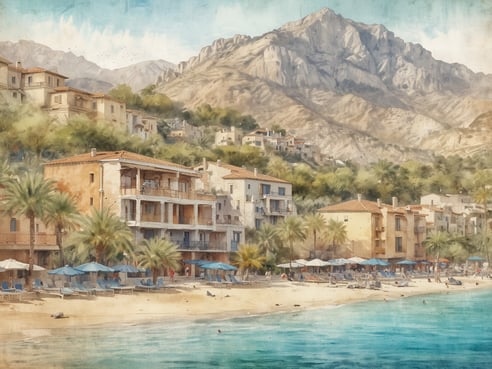 Eine malerische Küstenlandschaft auf Mallorca mit beeindruckenden Bergen im Hintergrund. Die Häuser aus warmen Farben sind in Hanglage eng beieinander angeordnet und von üppigen Palmen umgeben. Am Strand laden blaue Liegen und Sonnenschirme zum Entspannen ein. Das klare Wasser schimmert in sanften Blautönen, während sich die sanften Wellen sanft an den Strand schmiegen. Diese Szenerie vermittelt ein Gefühl von Ruhe und natürlicher Schönheit, das Mallorca als beliebtes Urlaubsziel auszeichnet.