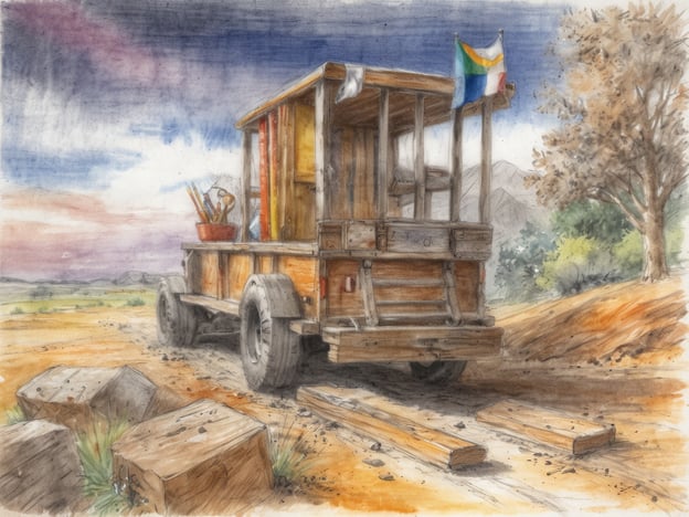 Auf dem Bild ist ein alter Wagen oder ein Anhänger zu sehen, der in einer ländlichen Umgebung steht. Er ist aus Holz und hat Reifen, während unterschiedlich große Steine und Holzplanken im Vordergrund liegen. Der Wagen scheint mit verschiedenen Werkzeugen dekoriert zu sein, was darauf hindeutet, dass er für kreative Aktivitäten genutzt wird.Das Bild könnte dazu inspirieren, neue Hobbys zu entdecken, beispielsweise kreatives Arbeiten mit Holz oder künstlerisches Gestalten. Die ruhige, ländliche Atmosphäre lädt ein, sich mit handwerklichen Fähigkeiten oder Maltechniken zu beschäftigen. Solch ein Ort könnte perfekt sein, um sich mit neuen Projekten zu beschäftigen, wie dem Bau von Möbeln oder handgefertigten Dekoartikeln.