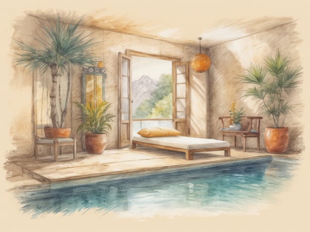 Auf dem Bild ist ein einladender Raum zu sehen, der mit Pflanzen und einem schönen Blick auf die Natur gestaltet ist. Im Vordergrund befindet sich eine Liege, die ideal für Entspannung ist, während im Hintergrund ein Pool den Raum ergänzt.
Wellness-Auszeiten sind wichtig für die körperliche und geistige Gesundheit. Sie bieten die Möglichkeit, dem Alltag zu entfliehen, Stress abzubauen und neue Energie zu schöpfen. Solche Rückzugsorte, wie auf dem Bild dargestellt, fördern die innere Ruhe und tragen zur Verbesserung des allgemeinen Wohlbefindens bei. Sie sind ein Ort der Regeneration, wo man sowohl körperliche als auch seelische Entspannung finden kann.