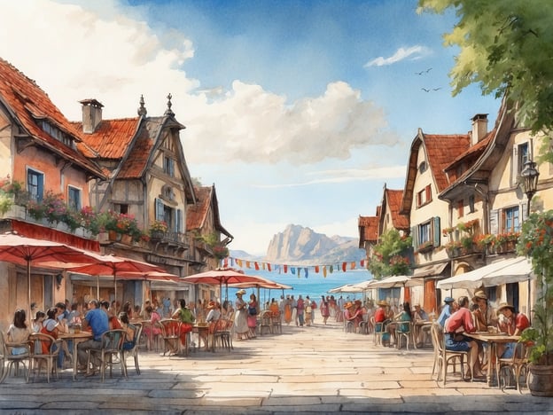 Auf dem Bild ist eine malerische Straßenszene zu sehen, die von traditionellen, charmanten Häusern und einem einladenden Ambiente geprägt ist. Die Terrassen mit roten Sonnenschirmen sind voll von Gästen, die das schöne Wetter genießen.
### Besondere Events und Highlights:
1. **Lebhafte Atmosphäre**: Der Platz ist belebt, was auf eine fröhliche Zusammenkunft oder vielleicht sogar ein Festival hindeutet.
2. **Kulturelle Elemente**: Die bunten Fähnchen, die zwischen den Häusern aufgehängt sind, könnten auf eine Feier oder ein Fest hinweisen, das lokale Traditionen zelebriert.
3. **Natürliche Schönheit**: Im Hintergrund sind Berge und ein Gewässer zu sehen, die die malerische Kulisse unterstreichen und zu einem Erholungsort einladen.
4. **Essen und Trinken im Freien**: Die vielen Tische und die geselligen Gruppen laden dazu ein, die Gäste und die Umgebung zu genießen, möglicherweise bei einem besonderen Event wie einem Open-Air-Festival oder einem Markt.
Insgesamt vermittelt das Bild einen Eindruck von Genuss, Gemeinschaft und der Freude an der Natur.