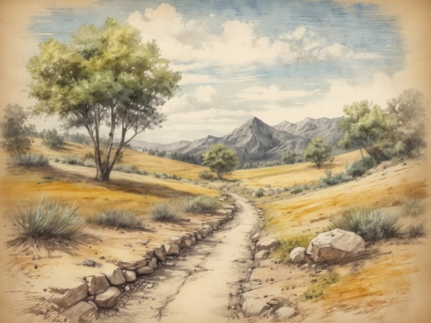 Auf dem Bild ist eine friedliche Landschaft zu sehen, die von sanften Hügeln, einem klaren Himmel und einem malerischen Weg geprägt ist. Die Bäume und die sanfte, goldene Wiese vermitteln ein Gefühl von Ruhe und Abgeschiedenheit.Solche idyllischen Naturlandschaften sind perfekte Rückzugsorte, um dem Trubel des Alltags zu entkommen. Orte wie die Nationalparks im Westen der USA oder die abgelegenen Berghütten in den Alpen bieten auch solche Naturparadiese, wo man entspannen und die Stille der Natur genießen kann.