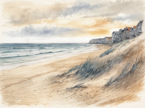 Ein sanfter Sandstrand erstreckt sich entlang der Nordsee, umgeben von sanften Wellen, die ans Ufer rollen. Im Hintergrund sind elegante, mehrstöckige Häuser zu sehen, die in sanften Farben gestrichen sind und das Küstenbild prägen. Der Himmel ist überzogen von wolkenverhangenen Abschnitten, wo sich die warmen Farben des Sonnenuntergangs mit dem bläulichen Himmel vermischen. Düne mit grünem Gras am rechten Bildrand ergänzt die natürliche Schönheit des Szenarios und vermittelt ein Gefühl von Ruhe und Erholung an einem der schönsten Strände Belgiens.