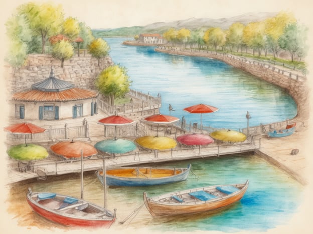 Auf dem Bild ist eine malerische Hafenansicht zu sehen. Es gibt mehrere Boote im Wasser, die in verschiedenen Farben gehalten sind, wie zum Beispiel rot, blau und orange. Am Ufer gibt es eine kleine Promenade mit bunten Sonnenschirmen in verschiedenen Farben, die zum Entspannen einladen. Außerdem erkennt man ein charmantes Gebäude mit einem runden Dach und grünen Bäumen, die die Landschaft umgeben.
Um ein perfektes Erholungswochenende zu planen, wäre ein Besuch an solch einem idyllischen Ort ideal. Man könnte entspannende Bootsfahrten unternehmen, die schöne Aussicht genießen und die gemütliche Atmosphäre bei einem Kaffee unter den Sonnenschirmen genießen. Ein Spaziergang entlang des Wassers rundet das Wochenende perfekt ab.