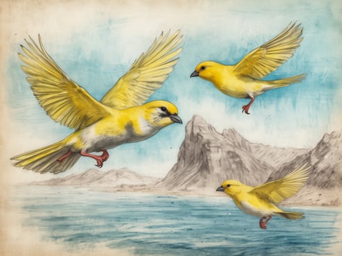 Auf dem Bild sind drei gelbe Vögel zu sehen, die in der Luft fliegen. Der Hintergrund zeigt eine malerische Küstenlandschaft mit Bergen und Wasser. Die Vögel haben ausgedehnte Flügel und scheinen fröhlich in der Szenerie zu schweben, während das sanfte Blau des Himmels und der Wasserspiegel eine harmonische Atmosphäre schaffen.