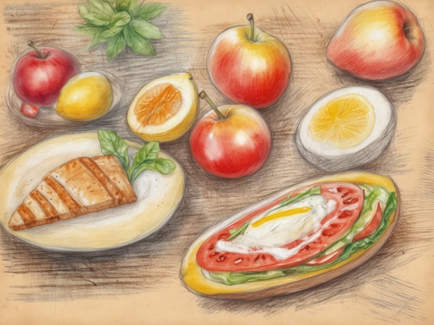 Auf dem Bild ist eine ansprechende Anordnung von Lebensmitteln zu sehen, die gesunde Ernährung und kulinarischen Genuss verkörpern. Es zeigt frische Äpfel, eine Zitrone und eine Orange, die reich an Vitaminen sind und ideal für eine ausgewogene Ernährung. Zudem sind gibt es einen Teller mit einem gegrillten Stück Fisch, was eine hervorragende Proteinquelle darstellt.Des Weiteren sieht man ein Brot mit frischen Tomaten und einem Ei, das eine köstliche und gesunde Kombination darstellt. Diese Vielfalt an Lebensmitteln lädt dazu ein, gesunde Gerichte zuzubereiten, die nicht nur nahrhaft, sondern auch geschmacklich ansprechend sind.