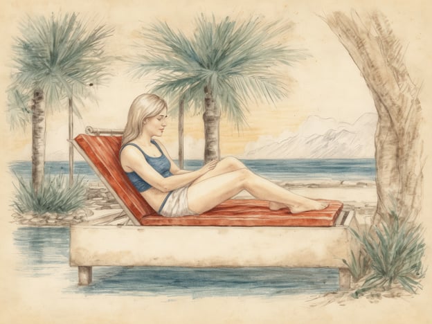 Auf dem Bild ist eine Frau zu sehen, die entspannt auf einer Liege sitzt und in ein Gerät schaut. Um sie herum sind Palmen und eine Wasserlandschaft, die eine ruhige und friedliche Umgebung vermitteln.Wellness im Allgäu bedeutet, sich eine Auszeit zu gönnen und Körper sowie Geist in Einklang zu bringen. Die Region bietet vielfältige Möglichkeiten zur Entspannung, darunter Wellness-Hotels, Thermalbäder und Naturerlebnisse, die zur Erholung und Regeneration beitragen. Ein solches Bild könnte symbolisch für die Ruhe und den Genuss stehen, die man in einem Wellness-Aufenthalt im Allgäu erfahren kann.