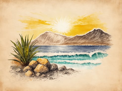 Ein sonniger Strand mit sanften Wellen, die gegen den Sand schlagen, ist zu sehen. Im Vordergrund befinden sich einige große Steine und eine Pflanze, die an die Küste angepasst ist. Im Hintergrund erheben sich majestätische Berge unter einem strahlend gelben Himmel, durch den die Sonne leuchtet. Die Szene vermittelt ein Gefühl von Wärme und Entspannung, ideal für einen Neujahrsstart unter tropischem Himmel.