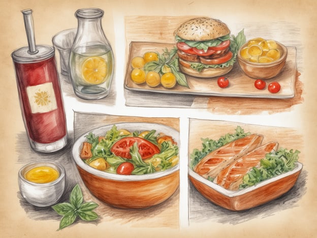 Auf dem Bild sind verschiedene kulinarische Genüsse und Wellnessverpflegung zu sehen. Im Mittelpunkt steht ein appetitlicher Burger, der mit frischen Tomaten und Salat belegt ist, begleitet von kleinen, gelben Früchten und Cocktailtomaten. Daneben gibt es eine erfrischende Flasche Wasser mit Zitrone und ein Getränk in einem Becher.In einer anderen Abbildung sieht man eine bunte Salatschüssel, die mit frischem Blattgemüse, Tomaten und weiteren Zutaten gefüllt ist, daneben befindet sich eine kleine Portion Honigsenf-Dressing. Schließlich gibt es eine weitere Schüssel mit zart gegrilltem Fisch, serviert auf einem Bett von frischem Salat. Diese Auswahl kombiniert geschmackliche Vielfalt und gesunde Ernährung, ideal für eine wellnessorientierte Mahlzeit.