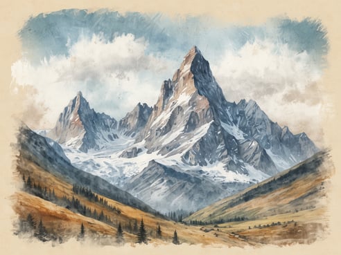 Eine beeindruckende Berglandschaft in Europa mit majestätischen Gipfeln und atemberaubenden Aussichten. Die schneebedeckten Spitzen ragen stolz in den Himmel, umgeben von steilen Felsformationen und sanften Hügeln. Im Vordergrund erstreckt sich eine grüne Wiese, die mit Nadelbäumen gesprenkelt ist, während der Himmel mit sanften Wolken eine dramatische Atmosphäre schafft. Die harmonische Farbenpracht vermittelt das Gefühl von Ruhe und Erhabenheit in der Natur.