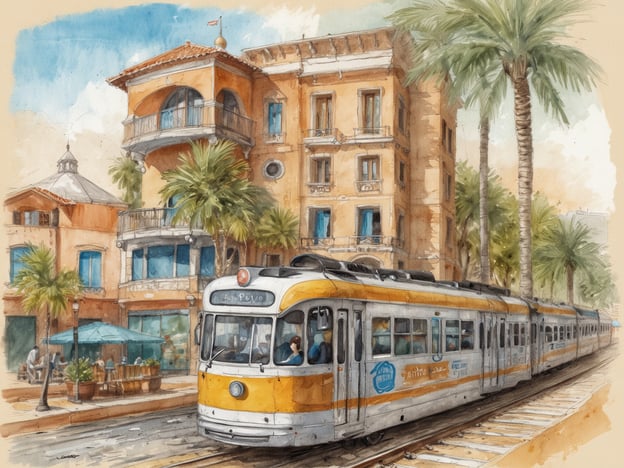 Auf dem Bild ist eine lebendige Straßenszene zu sehen. Es zeigt eine Straßenbahn, die an einem Gebäude mit mediterranem Stil vorbeifährt. Die Architektur ist farbenfroh, mit Balkonen und großen Fenstern. Umgeben ist die Szene von Palmen und einem Außenbereich mit Tischen und Stühlen, wo sich Menschen aufhalten. Diese malerische Darstellung vermittelt eine einladende und entspannte Atmosphäre, ideal für diejenigen, die sich gerne in geschäftigen, aber angenehmen Umgebungen aufhalten.