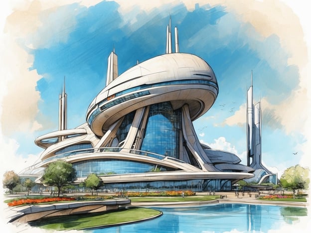Ein Tag im Futuroscope könnte so aussehen: Man betritt einen futuristisch gestalteten Park, der von beeindruckender Architektur geprägt ist. Im Vordergrund des Bildes sehen wir ein atemberaubendes Gebäude mit geschwungenen Linien und großen Glasflächen, umgeben von grünen Rasenflächen und bunten Blumen. Der Himmel ist klar und sonnig, was zu einer einladenden Atmosphäre beiträgt.
Die Besucher schlendern um den künstlichen See, wo man die Reflexion des Gebäudes im Wasser bewundern kann. Es gibt zahlreiche Aktivitätsbereiche und Attraktionen, die alle darauf ausgelegt sind, Wissen und Spaß zu kombinieren. Die futuristischen Elemente des Designs laden dazu ein, in die Welt der Technologie und Innovation einzutauchen. Der Tag bietet aufregende Erlebnisse in der einzigartigen Umgebung des Futuroscope.