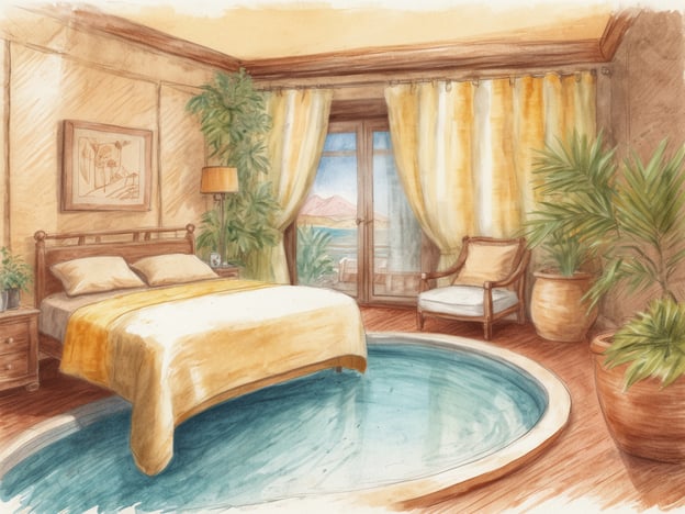 Das Bild zeigt ein gemütliches und stilvolles Schlafzimmer, das mit einem großen, bequemen Bett und einem kleinen Schwimmbecken ausgestattet ist. Die warmen Farben und das angenehme Licht schaffen eine entspannende Atmosphäre. Pflanzen und ein Fenster mit Blick auf die Landschaft tragen zur natürlichen und beruhigenden Umgebung bei.Ein Wellness-Wochenende in Nordrhein-Westfalen ist die perfekte Gelegenheit, sich verwöhnen zu lassen und die Seele baumeln zu lassen. Viele luxuriöse Hotels und Wellness-Oasen in der Region bieten entspannende Behandlungen, Sauna-Besuche und köstliche, gesunde Küche an. Erleben Sie die Auszeit von der Hektik des Alltags in solch einer einladenden Umgebung.