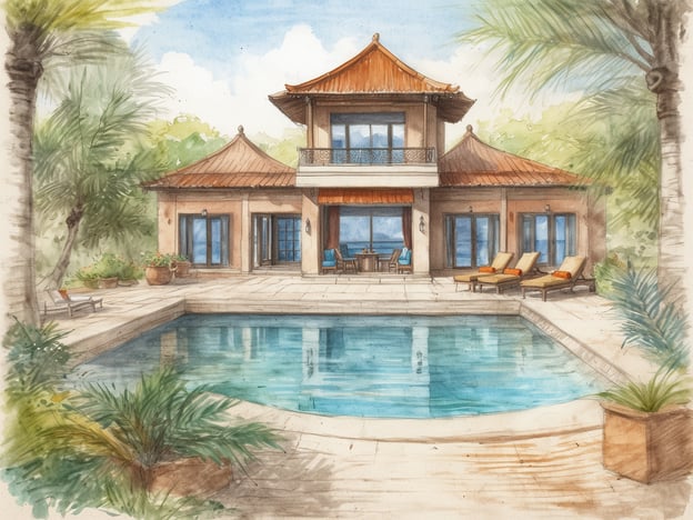 Auf dem Bild ist eine elegante Villa mit einem Pool und tropischer Vegetation zu sehen. Die Architektur hat asiatische Einflüsse, mit einem Satteldach und großen Fenstern. Es sieht nach einem perfekten Ort zum Entspannen aus.Hier sind drei Top-Wellness-Hotels in Nordrhein-Westfalen (NRW):1. **AquaDom & SEA LIFE** in Köln: Ein beeindruckendes Hotel mit einem Wellnessbereich, der eine Vielzahl von Behandlungen und Erholungsmöglichkeiten bietet.2. **Schloss Fernhagen** in Wenden: Ein romantisches Schlosshotel mit einem erstklassigen Spa-Bereich, ideal für entspannende Wellness-Auszeiten.3. **Vital Hotel Grüprecht** in Bad Salzuflen: Ein modernes Hotel mit umfangreichen Wellnessangeboten, darunter Massagen und verschiedene Saunen.Diese Hotels bieten eine hervorragende Möglichkeit, sich zu entspannen und zu regenerieren!