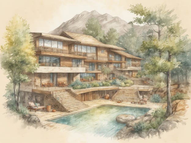Auf dem Bild ist ein luxuriöses Wellness-Resort inmitten einer naturnahen Umgebung zu sehen. Ein ideales Ziel für Wellness-Enthusiasten könnte der Außenpool sein, der zum Entspannen und für Schwimmaktivitäten einlädt. Die umgebende Landschaft mit Bergen und Bäumen bietet eine ruhige Kulisse für Meditation und Yoga.Aktivitäten könnten auch geführte Wandertouren in die umliegenden Berge sein, um die Natur aktiv zu erleben, oder Wellness-Behandlungen im Resort, wie Massagen und Gesichtsbehandlungen, die zur Entspannung und Regeneration beitragen. Außerdem sind gemütliche Sitzecken im Freien perfekt für das Genießen von Tee oder Wellness-Smoothies. Ein Retreat wie dieses fördert das Wohlbefinden und die Erholung.