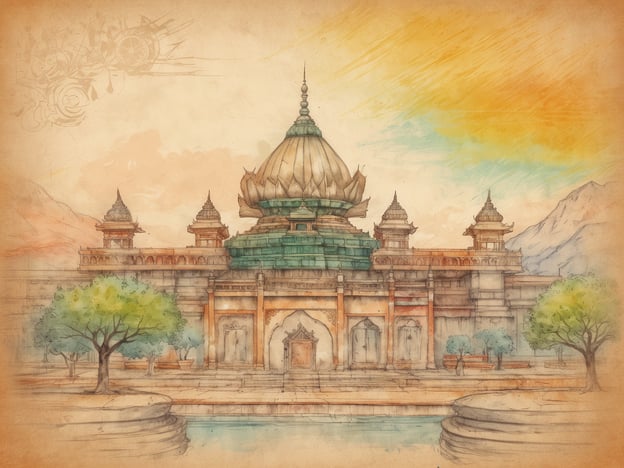 Auf dem Bild ist ein kunstvoll gezeichnetes Gebäude zu sehen, das wie ein traditioneller indischer Tempel oder ein Palast aussieht. Es hat eine markante Kuppel mit einem Ornament sowie mehrere kleinere Türme an den Seiten. Um das Gebäude herum sind Bäume und geometrische Wasserflächen zu erkennen, was eine friedliche und harmonische Atmosphäre schafft. Der Himmel im Hintergrund ist in sanften Farben gehalten, die auf einen Sonnenuntergang hindeuten.
Das 4. Ayurveda-Center in der Essener Innenstadt könnte sich möglicherweise von dieser traditionellen Architektur inspirieren lassen, um eine entspannende und harmonische Umgebung zu schaffen.
