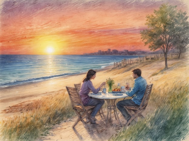 Auf dem Bild ist ein romantisches Abendessen für zwei Personen am Strand zu sehen. Die beiden sitzen an einem Tisch im Freien, umgeben von einer malerischen Kulisse mit einem wunderschönen Sonnenuntergang über dem Meer. Es gibt eine entspannte Atmosphäre, und die Paare genießen gemeinsam köstliche Speisen und Getränke, während sie die Aussicht und die Zweisamkeit in dieser idyllischen Umgebung zelebrieren. Solche Aktivitäten sind ideal für romantische Momente und fördern die Verbundenheit.