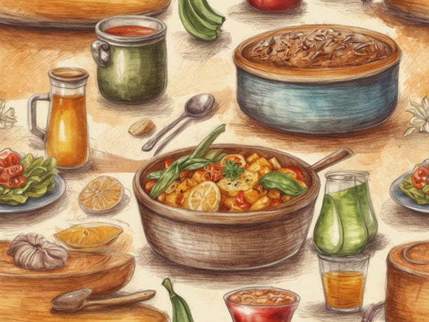 Auf dem Bild sind verschiedene kulinarische Highlights zu sehen. Im Vordergrund befindet sich ein großer Topf mit buntem Gemüse, das mit Zitronenscheiben und Kräutern garniert ist. Daneben sind frische Salatblätter, Tomaten und weitere Zutaten angeordnet, die ein reichhaltiges und gesundes Essen versprechen.Ein paar Glasbehälter mit Getränken und eine Schüssel mit einer Art Gebäck ergänzen die Anordnung, während eine künstlerisch gestaltete Hintergrundgestaltung die gesamte Szene lebhaft und ansprechend macht. Die Vielfalt der präsentierten Speisen und Getränke lädt dazu ein, neue Geschmackserlebnisse zu entdecken.