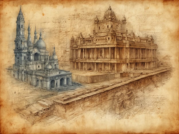Auf dem Bild sind zwei beeindruckende architektonische Bauwerke zu sehen, die im skizzenhaften Stil dargestellt sind. Links erkennt man eine prächtige Moschee mit charakteristischen Kuppeln und Türmen, während rechts ein monumentales, klassisches Gebäude mit Säulen zu sehen ist, das an antike römische Architektur erinnert. Der Hintergrund zeigt technische Zeichnungen, die die Detailverliebtheit und den architektonischen Entwurf hervorheben.Diese Darstellung könnte symbolisch für den Dialog zwischen verschiedenen Kulturen und Epochen stehen, wobei die Verschmelzung von islamischer und klassischer Architektur verdeutlicht wird. Solche Kombinationen regen dazu an, die unterschiedlichen historischen Kontexte und kulturellen Einflüsse zu entdecken, die diese Bauwerke geprägt haben. Sie laden dazu ein, mehr über die jeweiligen Kulturen, ihre Baukunst und die Geschichten dahinter zu lernen.