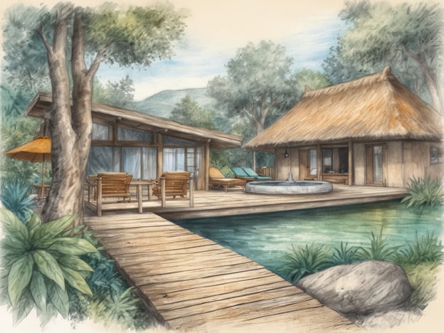 Auf dem Bild ist eine idyllische Entspannungsoase zu sehen. Die Architektur wirkt harmonisch und natürlich, mit einem Holzsteg, der zu einem charmanten Haus führt. Direkt neben dem Haus befindet sich ein runder Whirlpool, ideal für Entspannung und Wellness.Die Umgebung ist grün und üppig, mit Bäumen und Pflanzen, die eine friedliche Atmosphäre schaffen. Diese Szenerie lädt dazu ein, den Alltag hinter sich zu lassen und die eigene Wellnesszeit zu genießen, wie in einer luxuriösen Saunawelt. Die gemütlichen Liegen und die ruhige, naturnahe Lage verstärken das Gefühl von Erholung und innerer Ruhe.