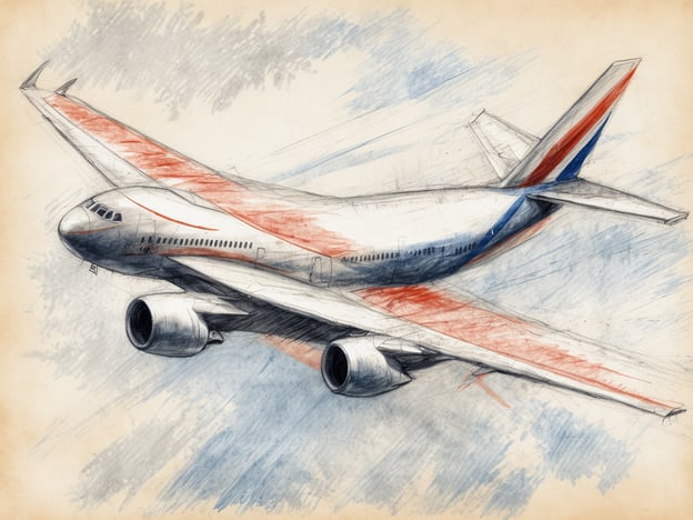 Ein farbiger Flugzeugentwurf zeigt eine große Maschine mit zwei Triebwerken und charakteristischen Merkmalen eines Passagierflugzeugs. Die Tragflächen haben eine rot-weiße Markierung, während der Rumpf glänzend silbern aussieht. Der Hintergrund ist in sanften Blau- und Grautönen gehalten, was einen Eindruck von Höhe und Bewegung vermittelt. Wie lange fliegt man von Frankfurt nach Madeira.