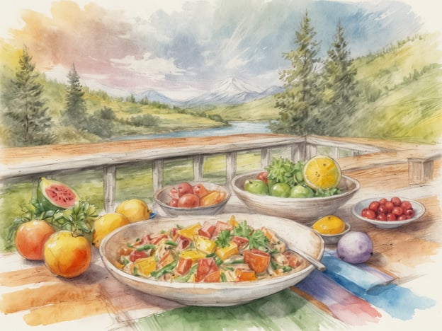 Auf dem Bild sind verschiedene frische und bunte Lebensmittel zu sehen, die kulinarische Genüsse im Einklang mit Wellness repräsentieren. Es gibt eine große Schüssel mit einer farbenfrohen Salatmischung, die gesunde Zutaten wie Tomaten, Paprika und grüne Bohnen enthält. Daneben sind verschiedene Obstsorten wie Melonen, Orangen, Zitronen und Trauben arrangiert, die reich an Vitaminen und Antioxidantien sind.
Die Szenerie auf der Terrasse mit Blick auf die Natur schafft eine entspannende Atmosphäre, ideal für einen gesunden Lebensstil. Diese Auswahl an Lebensmitteln fördert nicht nur das Wohlbefinden, sondern bietet auch eine harmonische Verbindung zu einem gesunden und genussvollen Essverhalten.