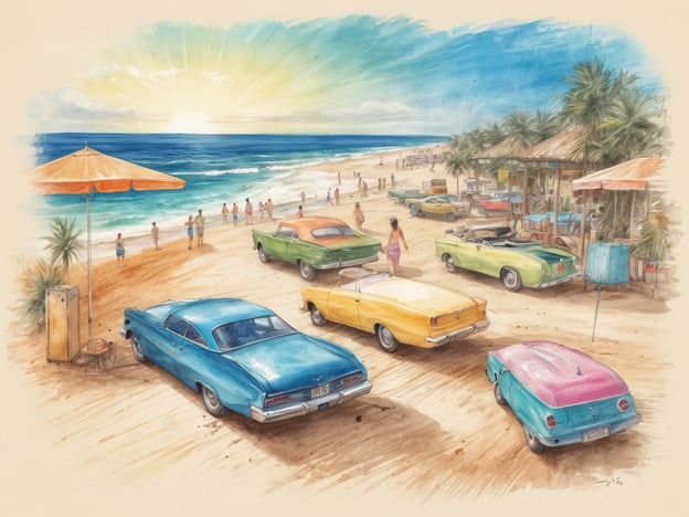 Auf dem Bild sind mehrere klassische Autos auf einem Strand zu sehen, umgeben von Sonnenuntergangsstimmung und einer lebhaften Atmosphäre. Man sieht Menschen, die am Strand spazieren gehen und sich entspannen, während im Hintergrund palmengesäumte Hütten und Sonnenschirme zu erkennen sind.
In Bezug auf die Geschichte von Magaluf, einem beliebten Ferienort auf Mallorca, könnte man sagen, dass solche Szenen die entspannte, sonnige Atmosphäre widerspiegeln, für die dieser Ort bekannt ist. Magaluf hat sich in den letzten Jahrzehnten zu einem Zentrum des Nachtlebens, aber auch des sonnigen Urlaubserlebnisses entwickelt. Die Darstellung klassischer Autos und Strandaktivitäten erinnert an die frühen Jahre des Massentourismus, als Kuren und entspannende Auszeiten mit einer Art von Glamour verbunden waren, ähnlich wie Magaluf in seiner Blütezeit.
