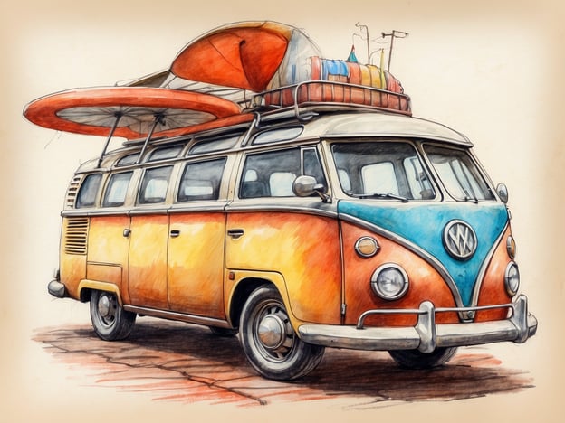 Auf dem Bild ist ein farbenfroher Volkswagen Bulli zu sehen, der oft mit dem Lebensstil der 1960er Jahre und dem Camping-Urlaub assoziiert wird. Der Bulli hat ein einzigartiges zweifarbiges Design und ist mit einem Dachgepäckträger ausgestattet, auf dem mehrere farbige Gegenstände wie Sonnenschirme und Laken liegen, was auf einen bevorstehenden Ausflug hindeutet.
### Praktische Tipps für Besucher:
1. **Mietmöglichkeiten**: Wenn Sie mit einem ähnlichen Fahrzeug reisen möchten, prüfen Sie lokale Mietstationen, die Oldtimer oder VW-Bullis anbieten.
2. **Campingplätze**: Informieren Sie sich über hundefreundliche Campingplätze, die oft gut ausgestattet sind, um den Charme eines Roadtrips zu erleben.
3. **Sicherheitsvorkehrungen**: Denken Sie daran, alles ordnungsgemäß zu sichern, um während der Fahrt eine sichere Umgebung zu gewährleisten.
4. **Wettervorhersage**: Überprüfen Sie das Wetter, bevor Sie reisen, um sich entsprechend vorzubereiten, insbesondere wenn Sie Aktivitäten im Freien planen.
5. **Zusätzliche Ausstattung**: Packen Sie essentielle Ausrüstungen wie Kühler, Campingstühle und Erstausstattung, um Ihren Trip komfortabler zu gestalten.
Viel Spaß bei Ihrem Abenteuer!