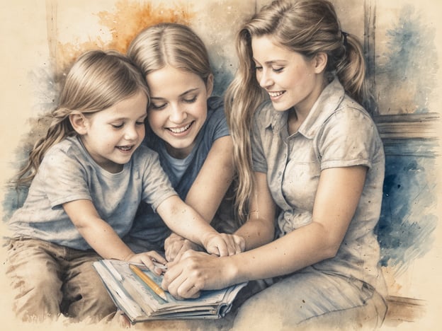 Auf dem Bild sind drei Kinder zu sehen, die gemeinsam ein Buch anschauen und dabei lachen. Diese Szene vermittelt eine schöne familiäre Aktivität. Hier sind einige Aktivitäten für die ganze Familie, die daran erinnern:1. **Bücherabend**: Familienmitglieder treffen sich, um gemeinsam zu lesen und sich über die Geschichten auszutauschen.2. **Basteln**: Kreatives Arbeiten mit Papier, Farben und anderen Materialien, um eigene Geschichten oder Bilder zu gestalten.3. **Spieleabend**: Spiele spielen, die die Zusammenarbeit und den Spaß der Familie fördern.4. **Ausflüge in die Natur**: Gemeinsame Spaziergänge oder Picknicks im Freien, um die Zeit miteinander zu genießen.5. **Kochnachmittag**: Zusammen einfache Gerichte zubereiten und die Mahlzeiten gemeinsam genießen.Diese Aktivitäten fördern den Zusammenhalt und das gemeinsame Erlebnis in der Familie!