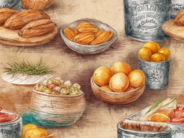 Auf dem Bild sind verschiedene Lebensmittel zu sehen, die in Schalen und Behältern arrangiert sind. Es gibt Brötchen, Kekse, kleine Früchte und eine Mischung aus Gemüse und anderen Zutaten.Wenn du in Alcúdia bist, solltest du unbedingt die lokalen Köstlichkeiten probieren. Die Region ist bekannt für ihre frisch zubereiteten Gerichte, lokale Obst- und Gemüsesorten sowie traditionelle Backwaren, die dir ein authentisches Geschmackserlebnis bieten.