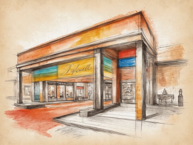 Auf dem Bild ist eine künstlerische Skizze eines Gebäudes oder einer Fassade zu sehen, die vermutlich ein Shopping- und Dining-Erlebnis repräsentiert. Die Hauptfarbe der Fassade ist orange, ergänzt durch mehrfarbige Elemente. Diese Gestaltung könnte gut zum exklusiven Shopping- und Dining-Erlebnis in Cala d'Or passen, das für seine ansprechende Architektur und einladende Atmosphäre bekannt ist.