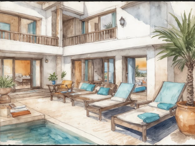 Auf dem Bild ist eine elegante Unterkunft in Cala d'Or zu sehen. Es handelt sich um ein helles und einladendes Innenhofdesign mit einem Swimmingpool, Liegen und einer stilvollen Atmosphäre. Die Umgebung ist mit Palmen und einer geschmackvollen Einrichtung ausgestattet, die zum Entspannen und Wohlfühlen einlädt. Der Innenbereich ist durch große Fenster gut beleuchtet, während die Terrassentüren einen direkten Zugang nach draußen ermöglichen.