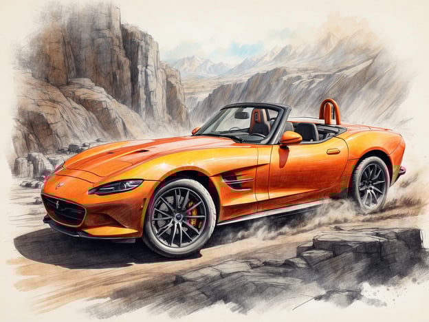 Auf dem Bild ist ein auffälliges orangefarbenes Sportauto abgebildet. Die Szenerie ist von felsigen Landschaften umgeben, die einen abenteuerlichen Eindruck vermitteln. Der Stil des Bildes erinnert an eine künstlerische Illustration oder Skizze.
Wenn wir diesen Anblick mit der Geschichte des Thorpe Parks verbinden, könnte man sagen, dass beide für Abenteuer, Nervenkitzel und unvergessliche Erlebnisse stehen. Thorpe Park ist bekannt für seine aufregenden Fahrgeschäfte und Attraktionen, während das Sportauto die Freiheit und Geschwindigkeit symbolisieren könnte, die man auf den Straßen sucht. Beide bieten ihren eigenen Reiz und ziehen Menschen an, die das Besondere suchen.