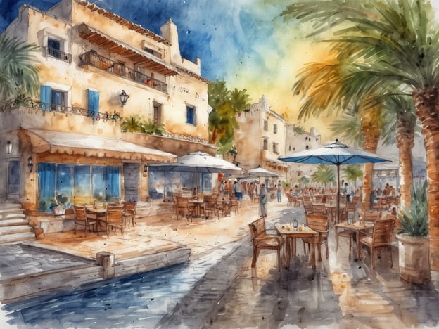 Auf dem Bild ist eine malerische Szene des eleganten Nachtlebens von Cala d'Or zu sehen. Man erkennt charmante Gebäude mit Balkon und großen Fenstern sowie einladende Terrassen, die mit Tischen und Stühlen ausgestattet sind. Palmen spenden Schatten und schaffen eine entspannte Atmosphäre, während Menschen auf der Straße flanieren und die Umgebung genießen. Die warme Farbpalette verleiht der Szenerie eine besondere Stimmung, die typisch für einen schönen Abend in Cala d'Or ist.
